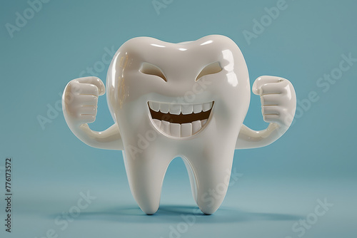 A whimsical cartoon tooth mascot showing off muscles, promoting dental health and strength with a cheerful smile..