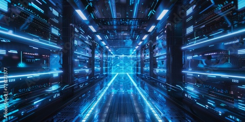 A futuristic digital data center with rows of blue glowing computers, representing the power and speed of artificial intelligence technology Generative AI