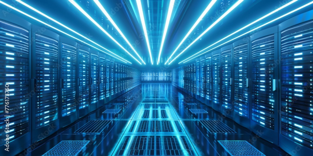 Fototapeta premium A large data center with rows of blue glowing computer walls, representing the vast and complex networked structure behind modern technology and web AI concepts Generative AI