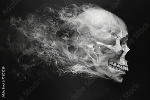 A human skull partially shrouded in a flowing, ghostly smoke against a black background, evoking mystery and mortality..