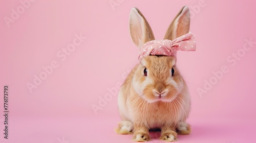 Cute domestic rabbit looking at the camera wearing hair band on pink background