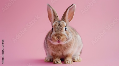Cute domestic rabbit looking in to the camera making a funny slide on pink backdrop © Rosie