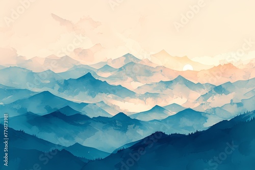 A digital painting of an abstract mountain range  rendered in the style of watercolor with soft gradients and a dreamy atmosphere.