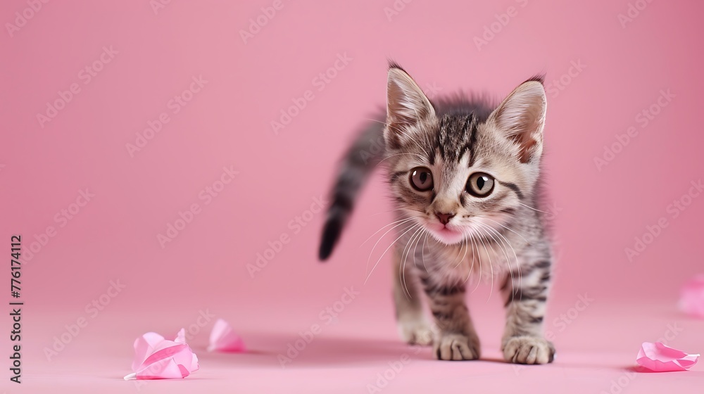 Cute female kitten walking towards and looking in the camera on a pink background