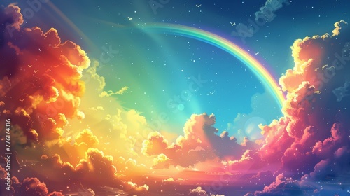 A playful, cartoon background with fluffy, animated clouds and a bright, cheerful rainbow arching across a sky of vibrant colors.