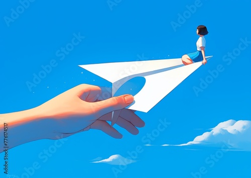 A hand holding a paper plane with a woman sitting on it flying above a hole against an isolated blue background