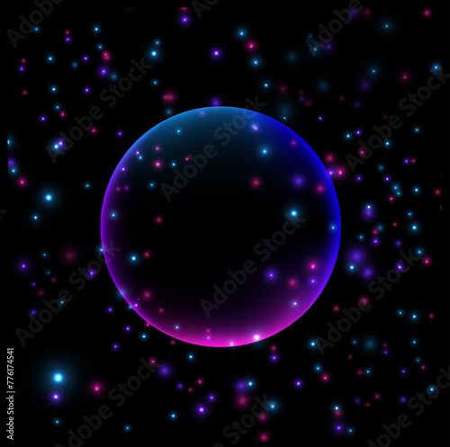 Vector image of the abstract background with the circle, stars and the sparkles. Cosmic background.