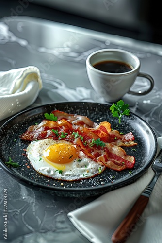 Fried egg with yolk, fried bacon and a cup of coffee. Delight your taste buds with a breakfast favorite: Egg, bacon, and a cup of coffee.