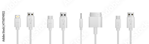 Smartphone charger cable mockup Isolated on white background. USB wire cable vector phone charger electric device of charging technology. Connectors and sockets for PC and mobile devices.