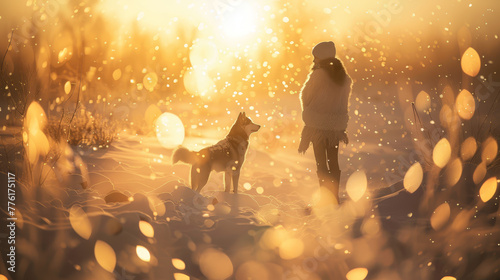 In a magical snowy forest, a woman and a Siberian Husky share a moment of connection, illuminated by a soft, golden light..