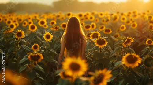 A woman with long hair stands surrounded by vibrant sunflowers, bathed in the warm, golden light of a setting sun..