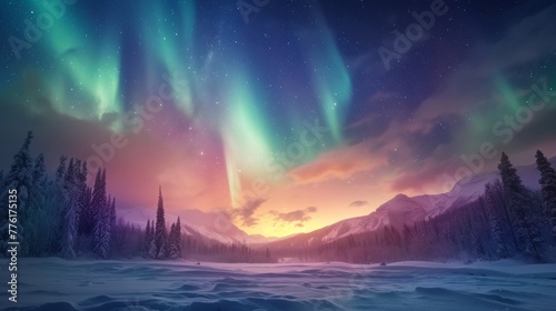 Beautiful aurora northern lights in night sky with snow mountain forest in winter.