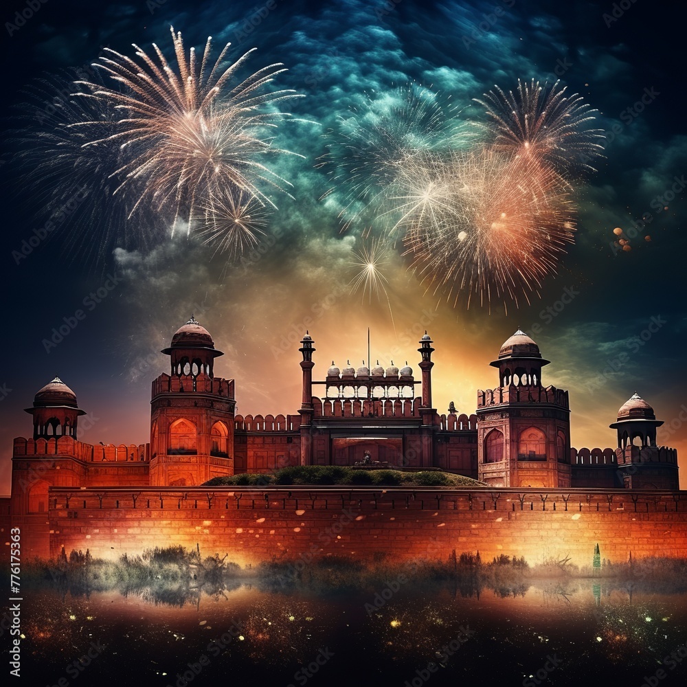 illustration of Red Fort at Night with Fireworks India Tourism Attra, Generative ai
