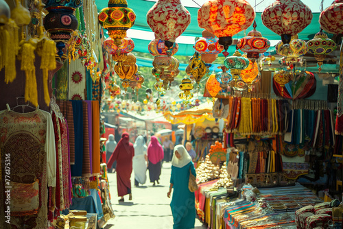 Eid al-Adha. A woman in a blue dress strolling through a vibrant market in the city. Generative AI