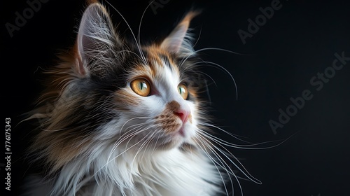 Cute long hair female calico or torbie cat staring at something