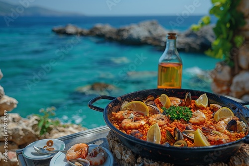 A tempting seafood paella full of fresh ingredients is served on a table with a beautiful, clear Mediterranean sea backdrop