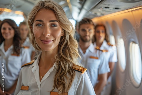 A smiling female flight attendant stands confidently with her team in the background inside an airplane cabin photo