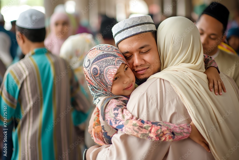 Eid al-Adha. Couple embracing girl at mosque during cultural event. Generative AI