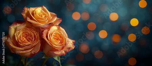 Golden Roses with Bokeh Background Ideal for Messages. Copy space