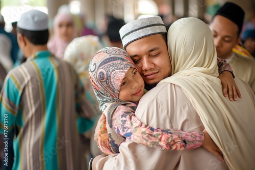 Eid al-Adha. Couple embracing girl at mosque during cultural event. Generative AI