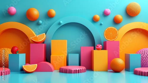 A playful and vibrant scene with geometric shapes in vivid colors, accompanied by fresh citrus fruits on a bright teal background.