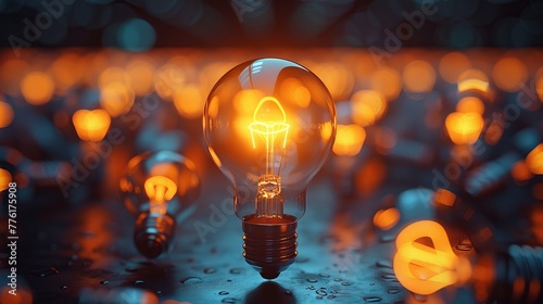 A striking image of a lone light bulb radiating a warm, intense light within a field of subdued, glowing bulbs, creating an atmosphere of focus and uniqueness.