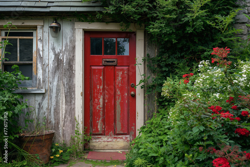 Vintage Red Door Surrounded by Lush Greenery, Quaint Cottage Entrance
