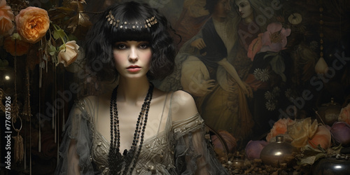 portrait of a pale gothic woman in a 1920s bohemian egyptian revival nouveau style, widescreen space for text