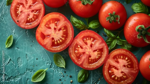 Vibrant sliced tomatoes and fresh basil leaves with visible seeds, set on a textured turquoise background.