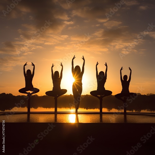 illustration of Silhouette of women doing yoga in sunlight backgroun, Generative ai