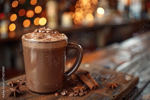 Tasty hot chocolate in a mug, sprinkled with marshmallows and spices for a festive feel