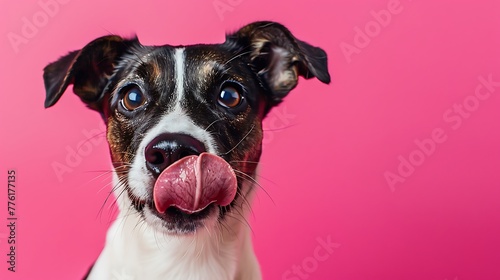 dog licks and looks at the camera on pink background © Rosie
