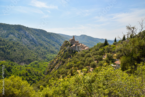 Panoramic view of the medieval perched village Peillon in South of France.