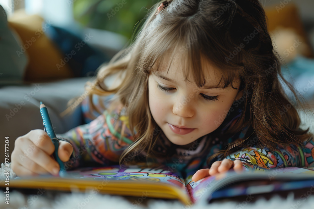 A cheerful young girl with happily engages in coloring with markers at home. A cheerful young girl with happily engages in coloring with markers at home.