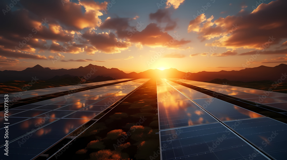 solar energy panels on sunset sky background 3d rendering image. - obrazy, fototapety, plakaty 
