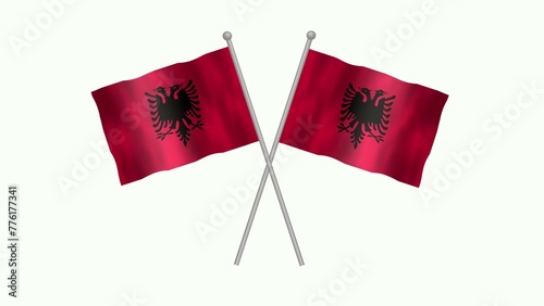 Cross table flag of Albania, Albania Cross table flag waving in the wind on White Background. Albania Flag, Flag of Albania.