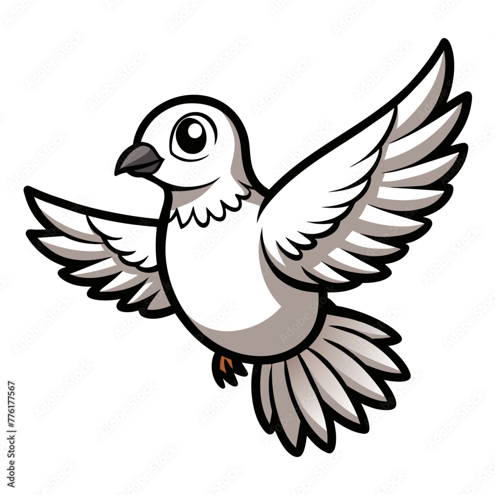 Cute flying pigeon with open wings eyes and beak line black silhouette
