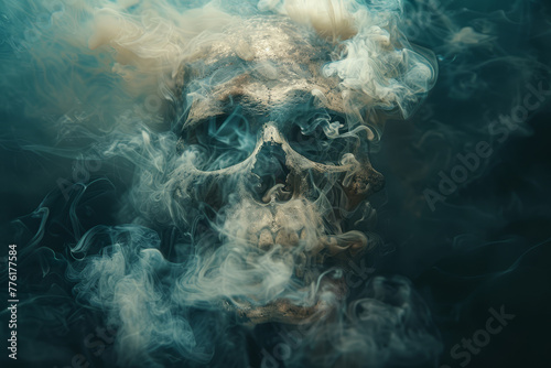 A human skull partially shrouded in a flowing, ghostly smoke against a black background, evoking mystery and mortality..