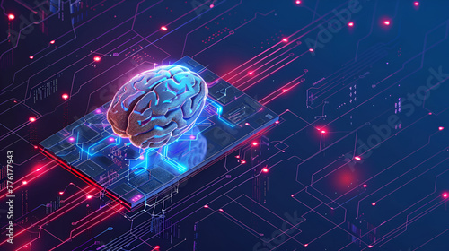 Computer mother board chip with AI text and glowing circuit background , human brain with circuit board on dark background