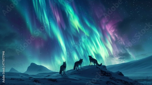 Wolves herd in wild snow field with beautiful aurora northern lights in night sky with snow forest in winter.