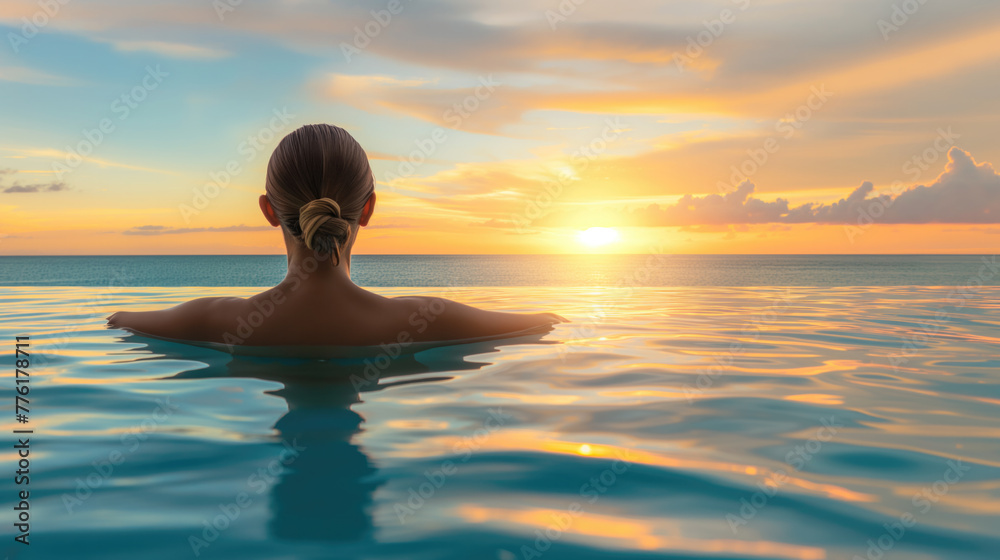 woman in pool on the beach at sunset