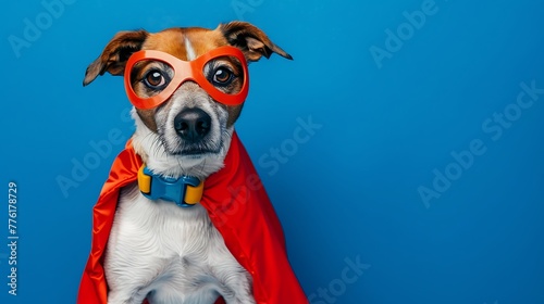 Dog wearing superhero costume on blue background © Rosie