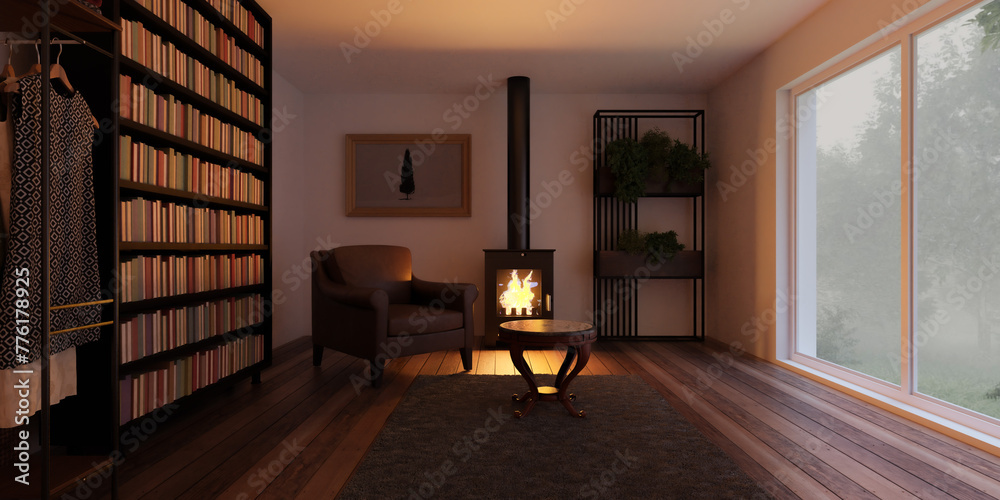 Fototapeta premium Living room with central fireplace 3d render illustration