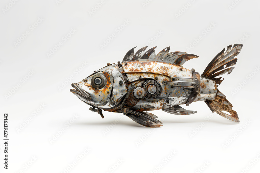 A creatively crafted fish sculpture made from metal parts, isolated on a white background. A creatively crafted fish sculpture made from metal parts, isolated on a white background.