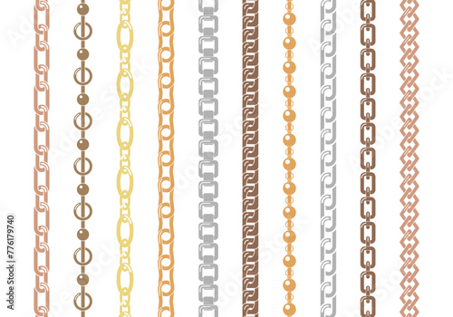 Silver and gold vertical and horizontal chains set of various ornament shapes and thicknesses. Set of colorful chains isolated on white background.