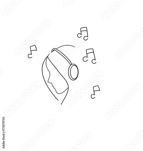 Silhouette of person listening to music, lines drawing on white background photo