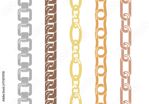 Silver and gold vertical and horizontal chains set of various ornament shapes and thicknesses. Set of colorful chains isolated on white background.