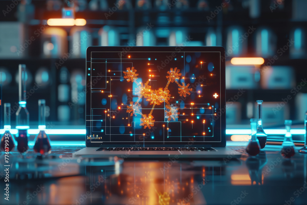 High-tech laboratory featuring an advanced microscope and a digital screen displaying molecular structures. High-tech laboratory featuring an advanced microscope and a digital screen displaying molecular structures.