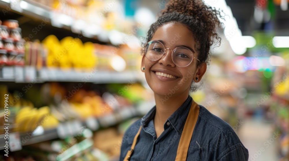 Portrait of smiling friendly employee worker in a grocery store. Portrait of smiling friendly employee worker in a grocery store.