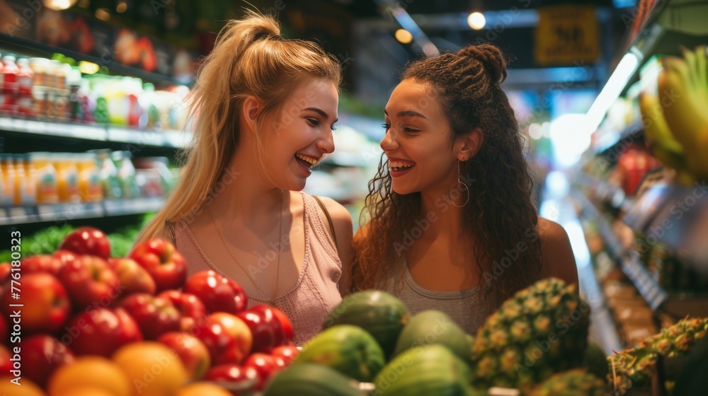 Friends shopping in a grocery store with fresh produce.